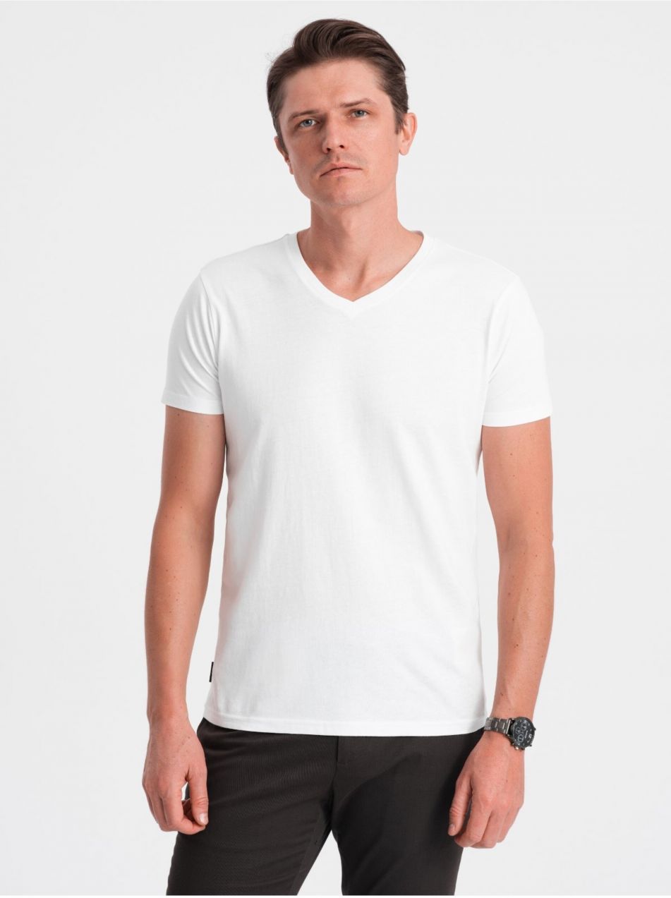 Biele pánske basic tričko s véčkovým výstrihom Ombre Clothing
