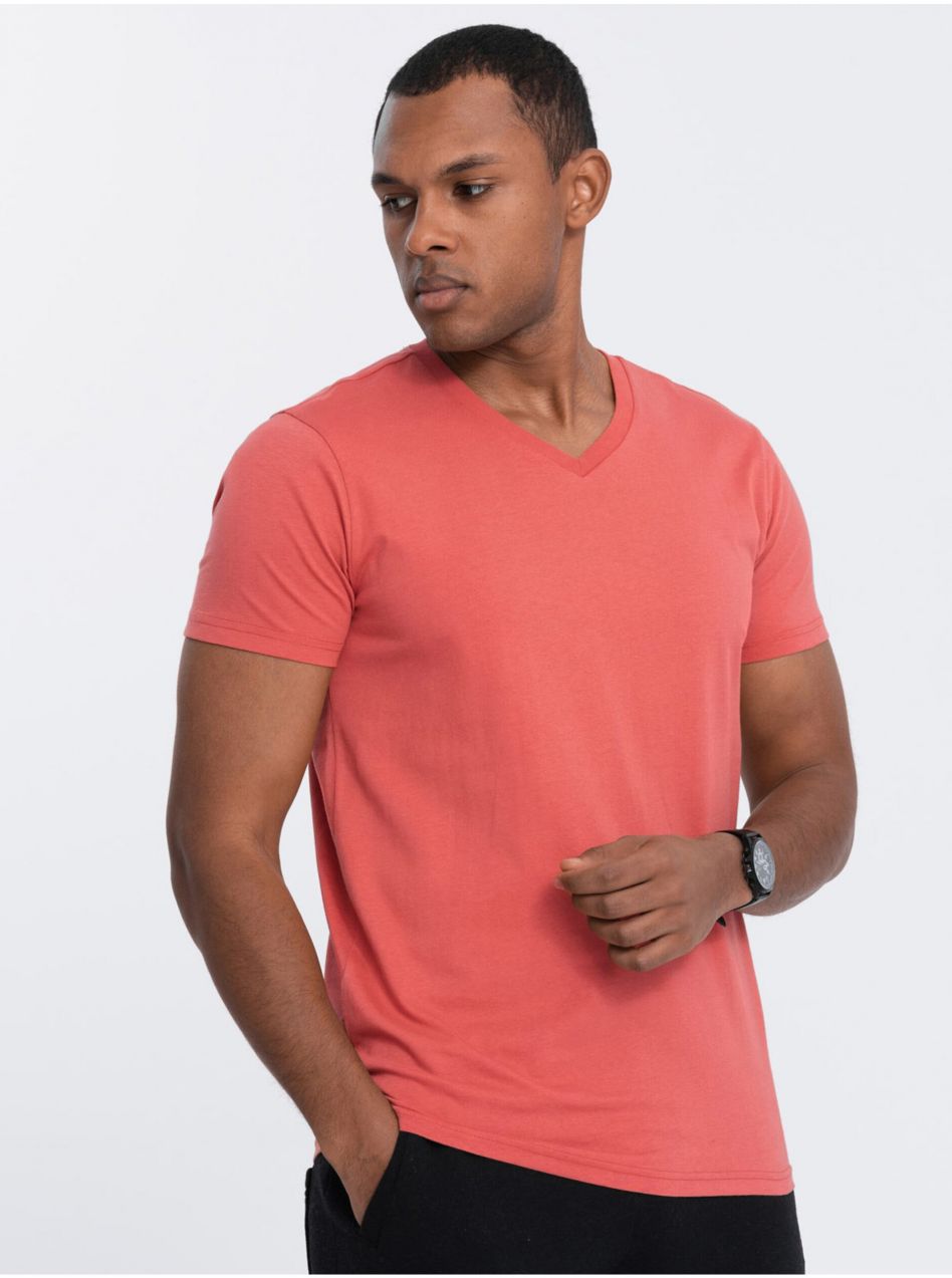 Koralové pánske basic tričko s véčkovým výstrihom Ombre Clothing