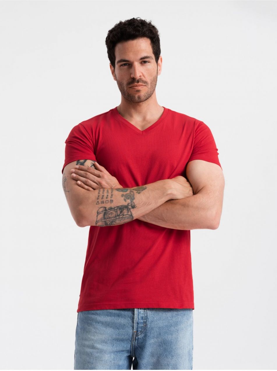 Červené pánske bavlnené basic tričko s výstrihom Ombre Clothing