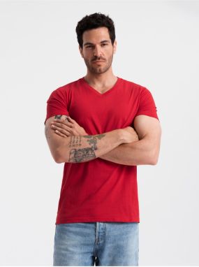 Červené pánske bavlnené basic tričko s výstrihom Ombre Clothing