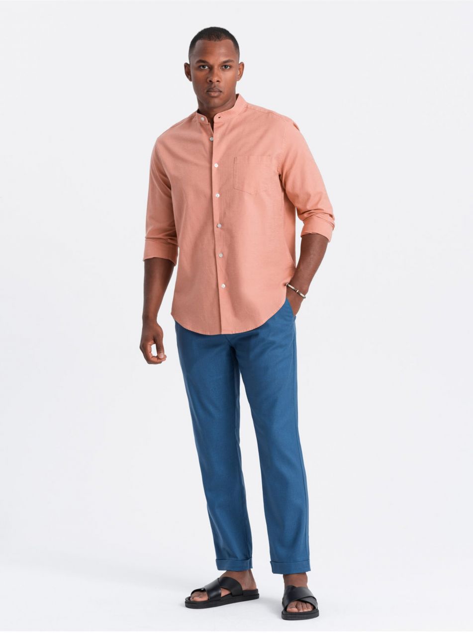 Modré pánske chino nohavice s prímesou ľanu Ombre Clothing