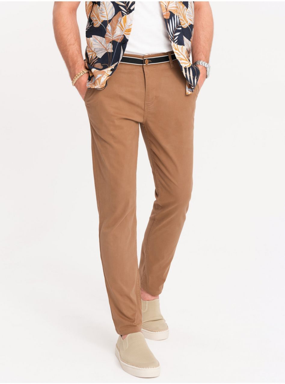 Hnedé pánske chino nohavice s ozdobným pásikom Ombre Clothing