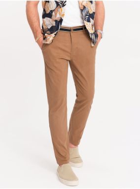 Hnedé pánske chino nohavice s ozdobným pásikom Ombre Clothing
