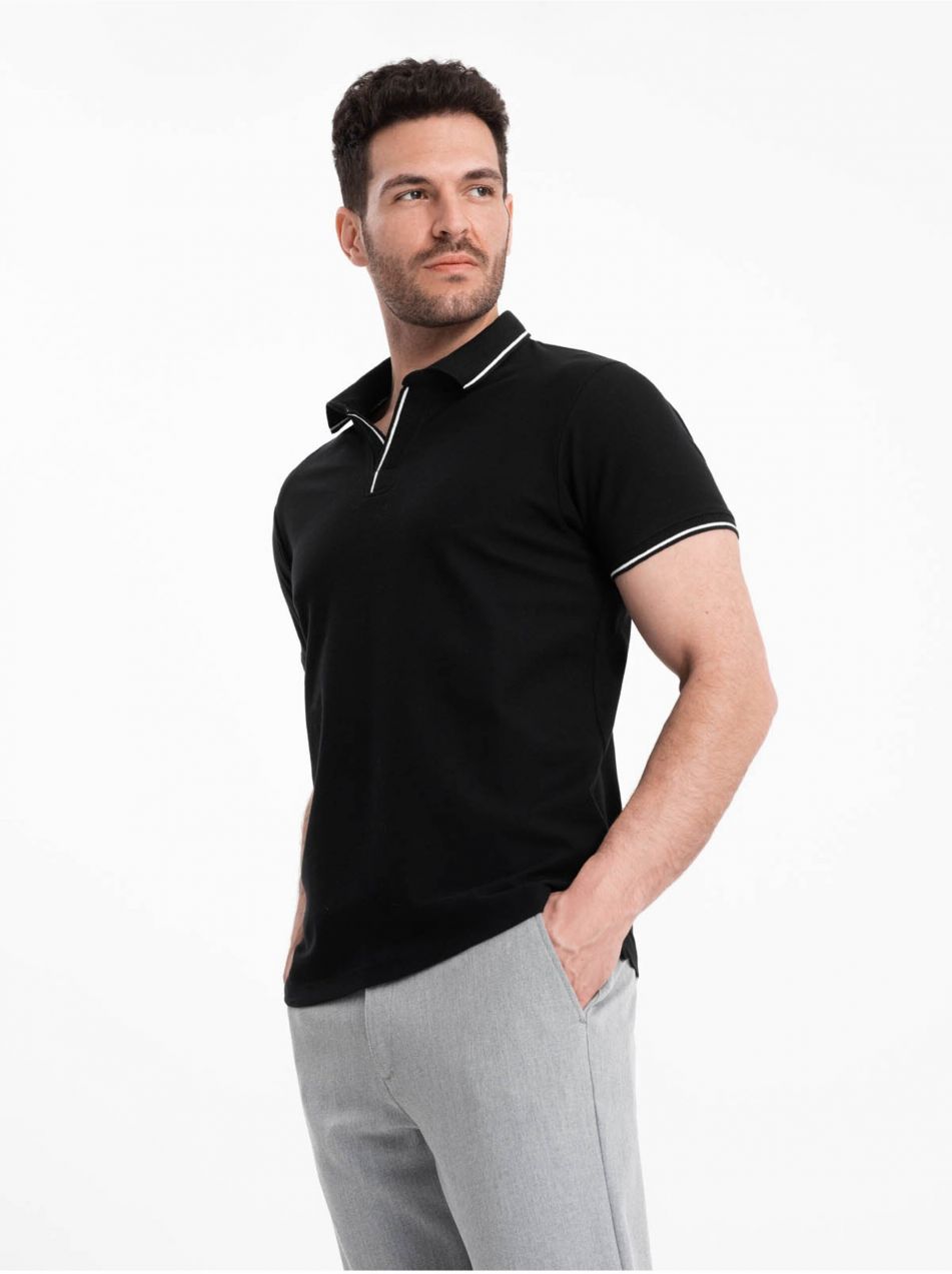 Čierne pánske polo tričko bez gombíkov Ombre Clothing