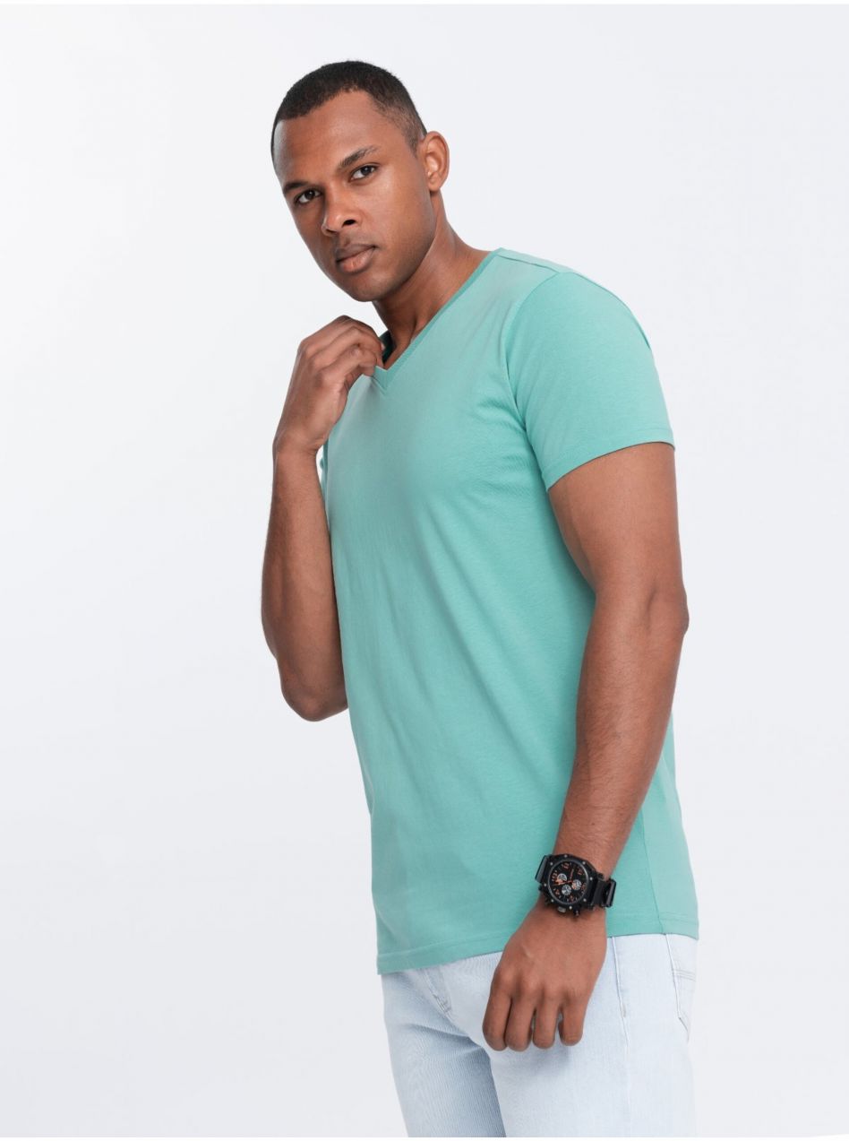Tyrkysové pánske bavlnené basic tričko s výstrihom Ombre Clothing