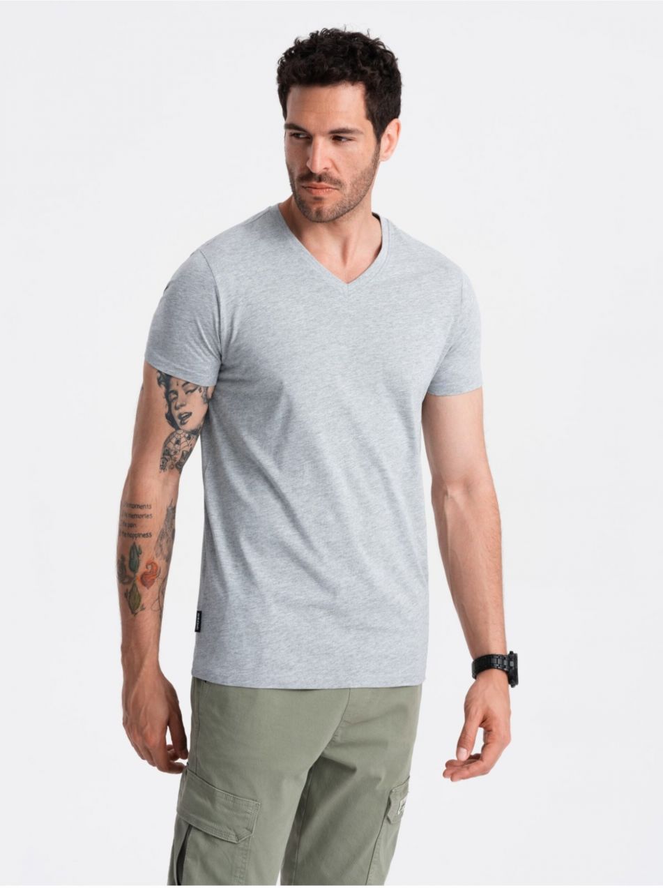 Šedé pánske bavlnené basic tričko s výstrihom Ombre Clothing