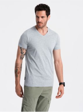 Šedé pánske bavlnené basic tričko s výstrihom Ombre Clothing