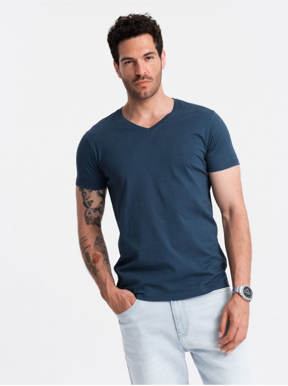 Modré pánske bavlnené basic tričko s výstrihom Ombre Clothing