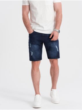Tmavomodré pánske džínsové kraťasy s dierami Ombre Clothing