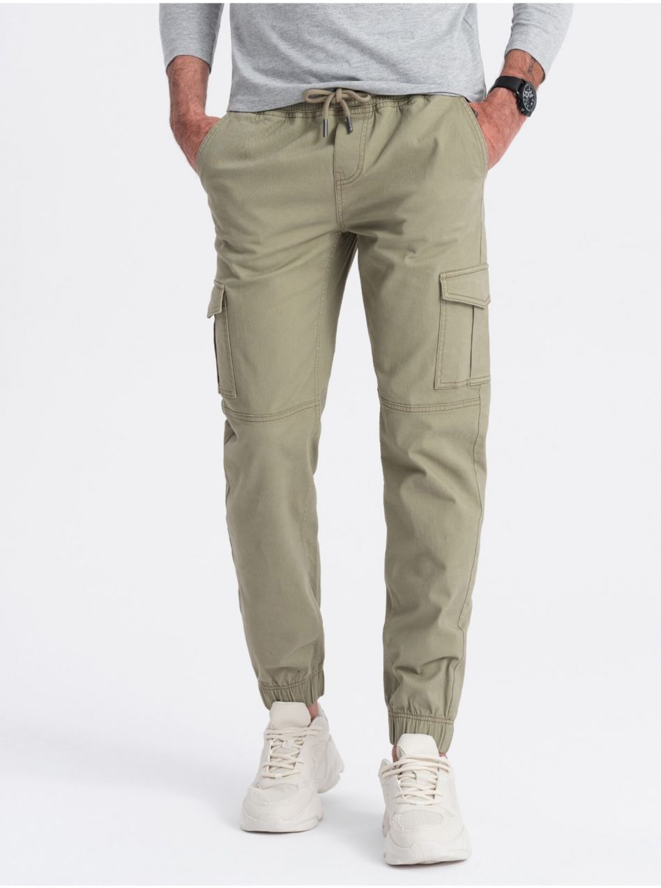 Kaki pánske cargo jogger nohavice Ombre Clothing