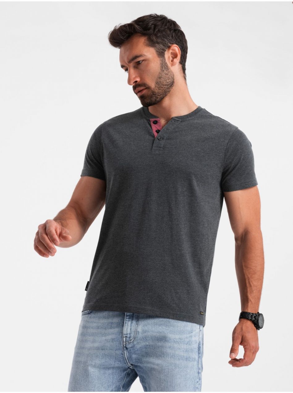 Čierne pánske tričko s výstrihom henley Ombre Clothing