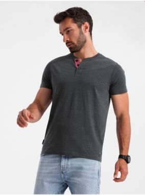 Čierne pánske tričko s výstrihom henley Ombre Clothing