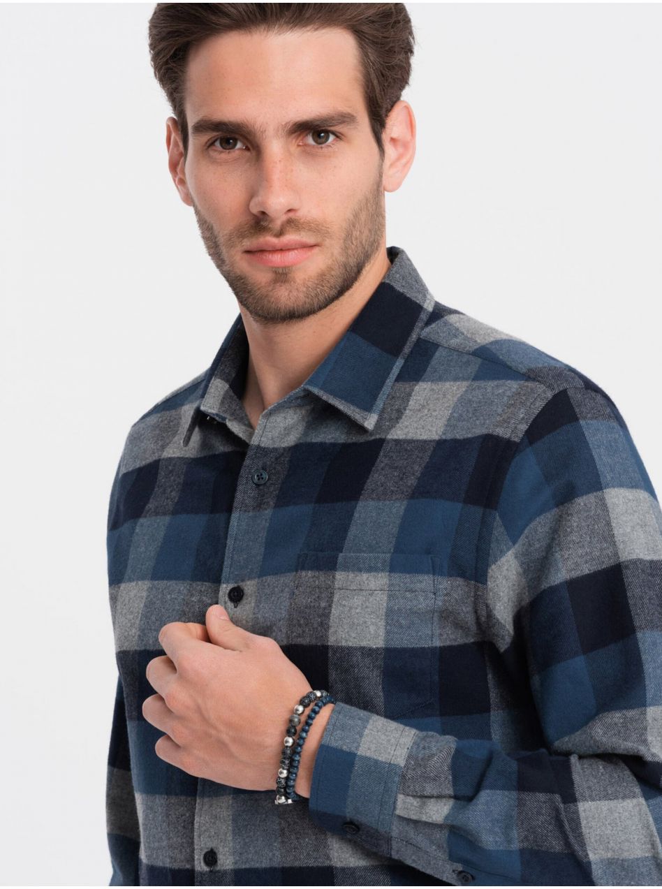 Modrá pánska kockovaná flanelová košeľa Ombre Clothing