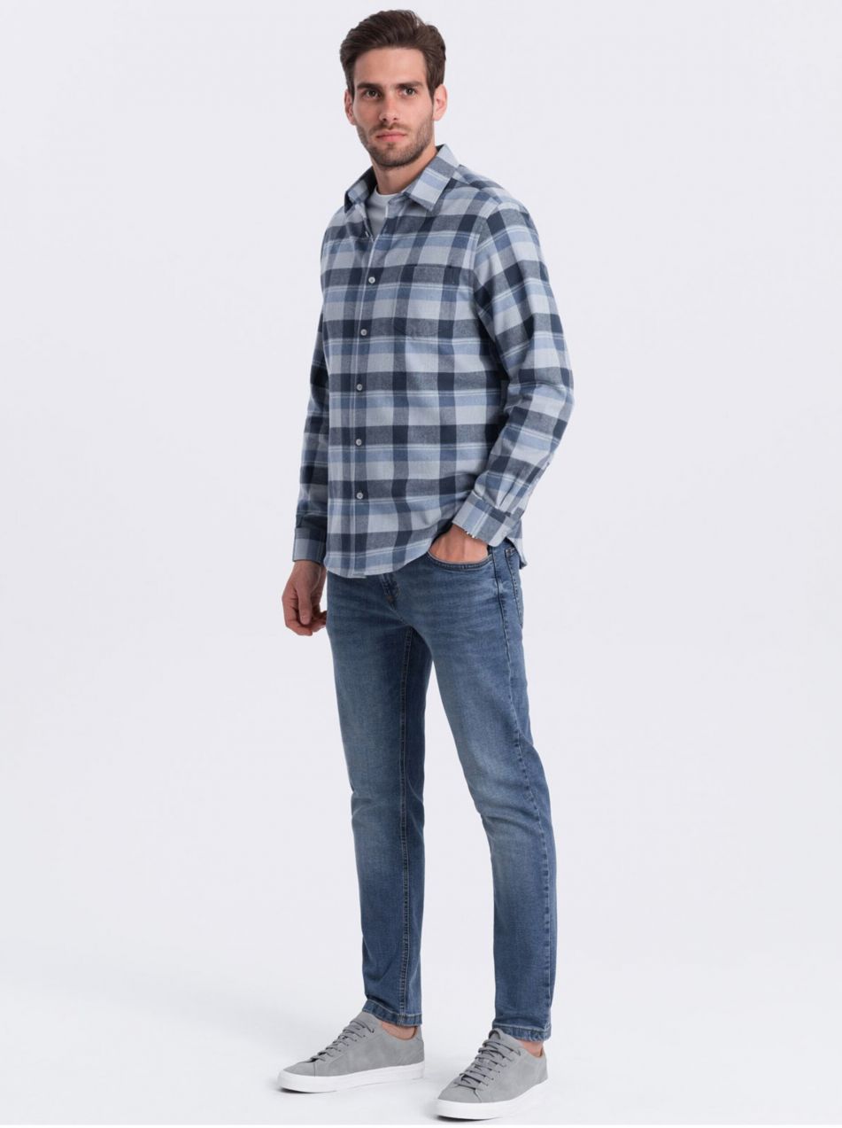 Modro-šedá pánska kockovaná flanelová košeľa Ombre Clothing