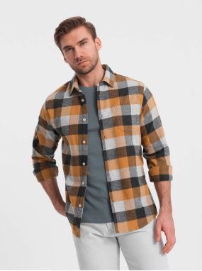 Čierno-žltá pánska kockovaná flanelová košeľa Ombre Clothing