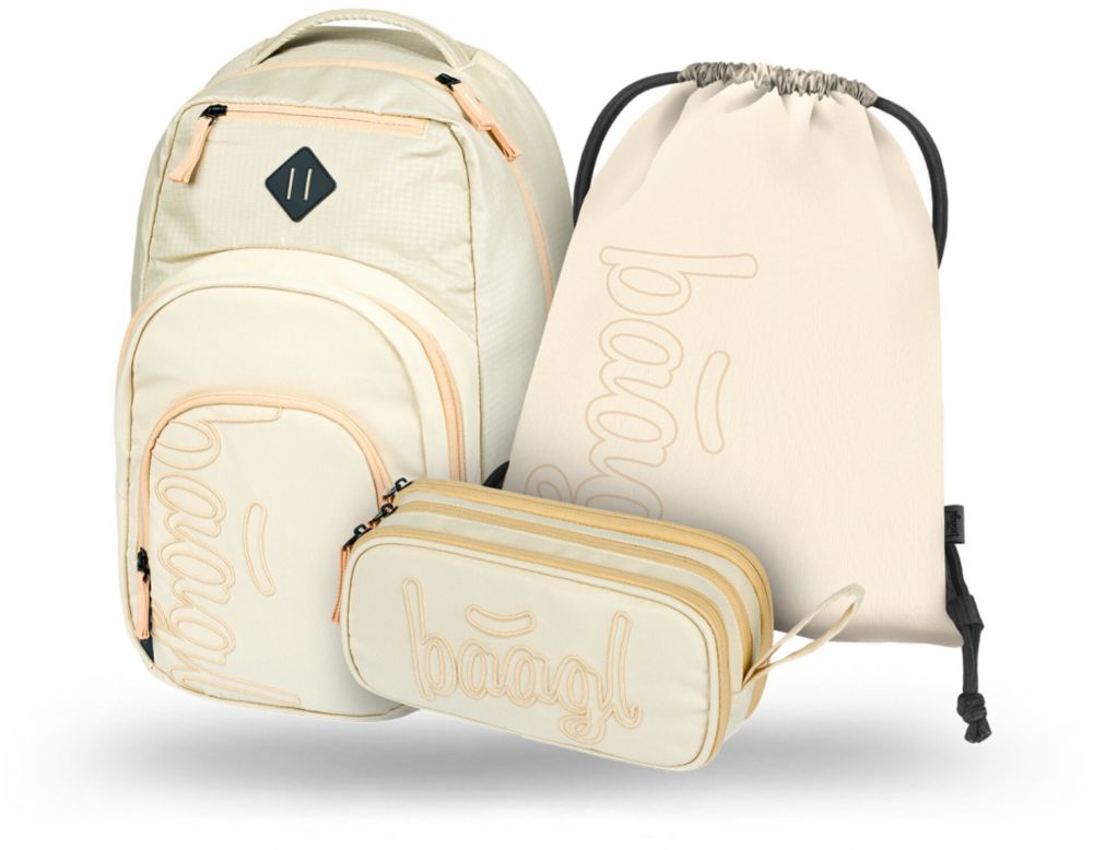 Béžový školský set - batoh, peračník, sáčok Baagl Coolmate Beige