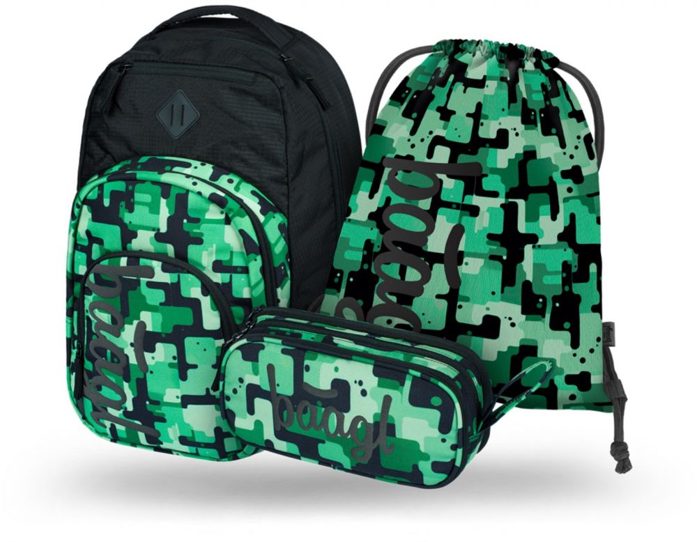 Čierny školský set - batoh, peračník, sáčok Baagl Coolmate Green