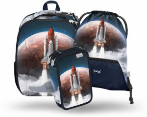 Modrý školský set - aktovka, peračník, sáčok Baagl Shelly Space Shuttle