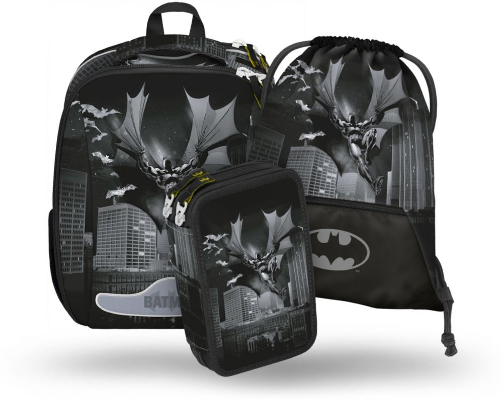 Čierny školský set - aktovka, peračník, sáčok Baagl Shelly Batman Dark City