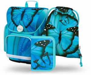 Modrý školský set Ergo - aktovka, peračník, sáčok Baagl Butterfly