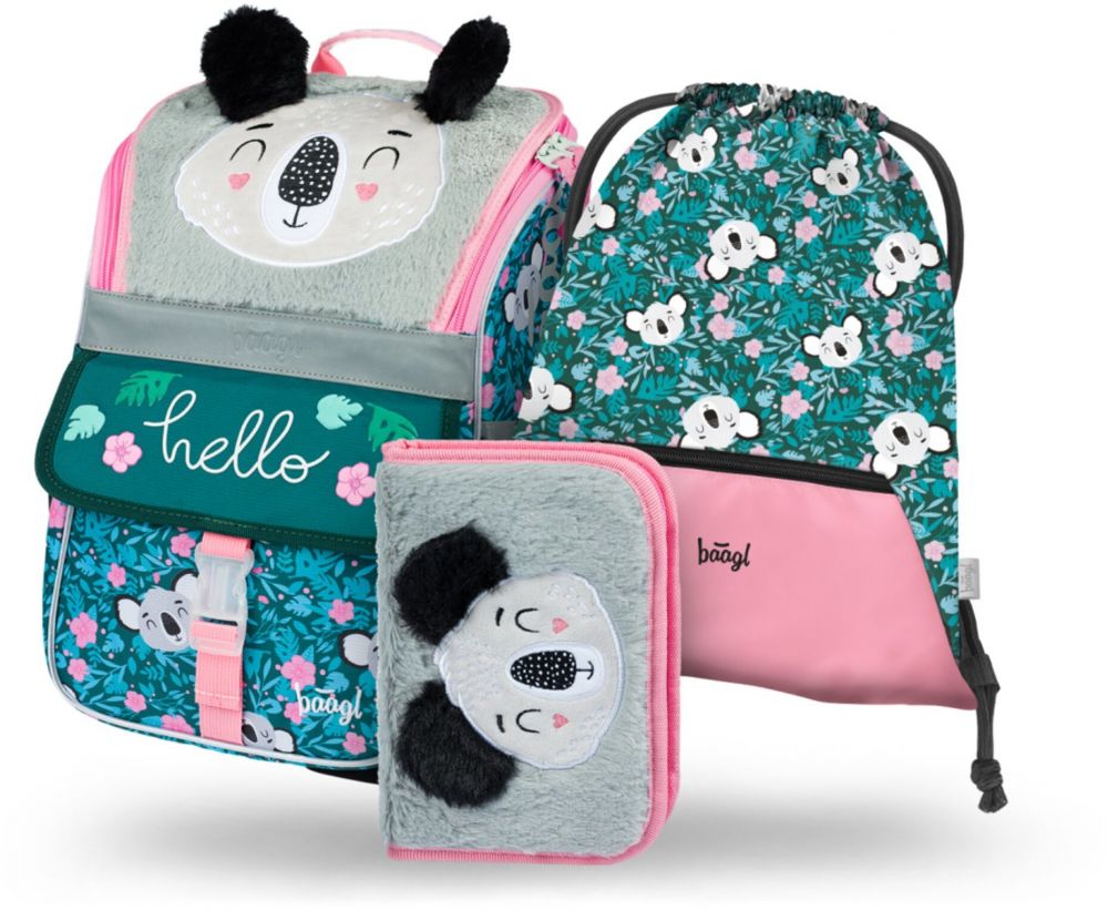 Zelený školský set Zippy - aktovka, peračník, sáčok Baagl Baby Koala