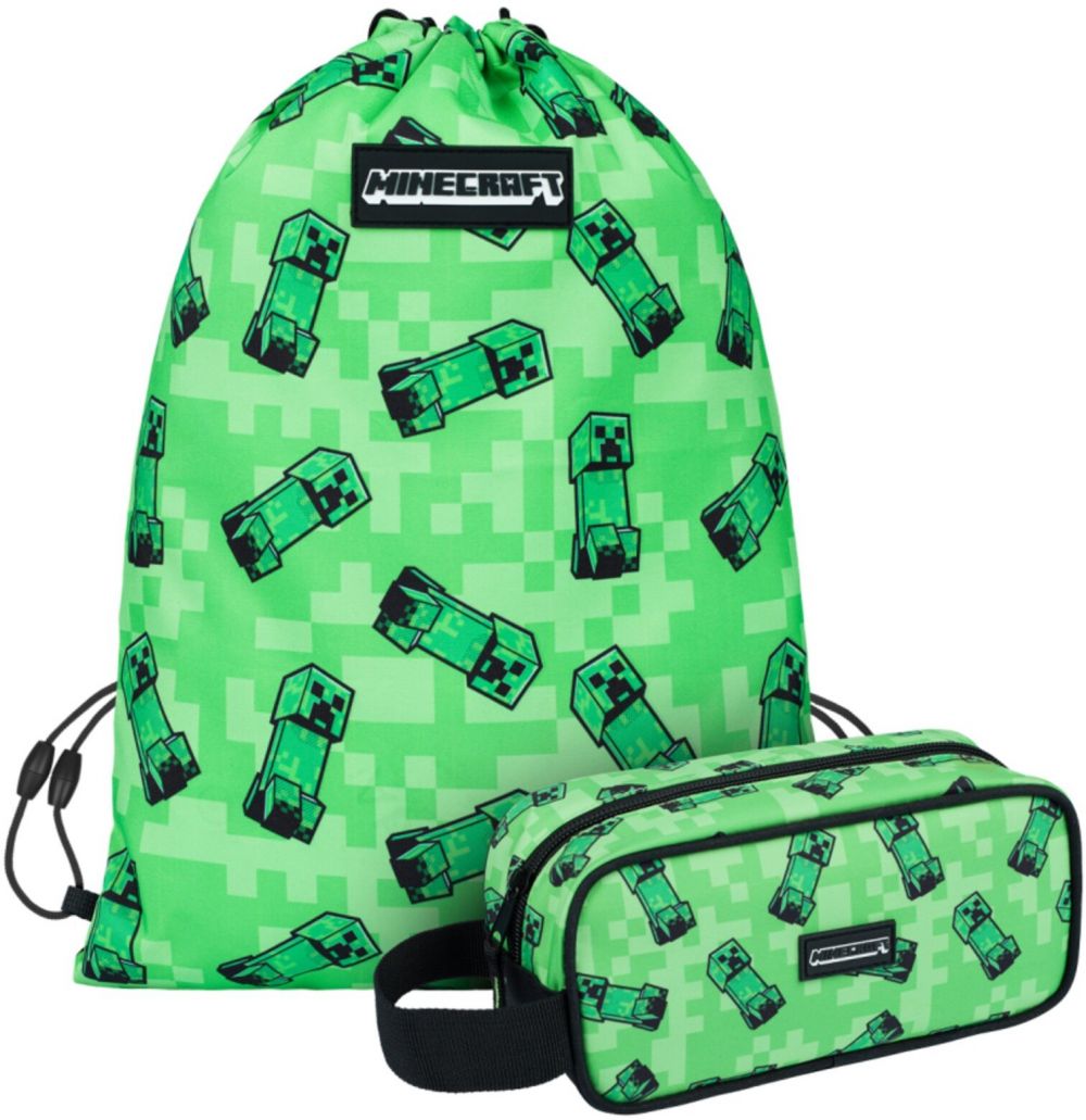 Zelený školský set - peračník, sáčok Baagl Minecraft 2 Creeper