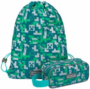 Zelený školský set - peračník, sáčok Baagl Minecraft 2 Silver Creeper