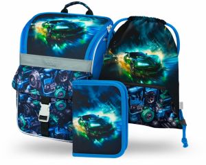 Čierny školský set Zippy - aktovka, peračník, sáčok Baagl Závodné auto