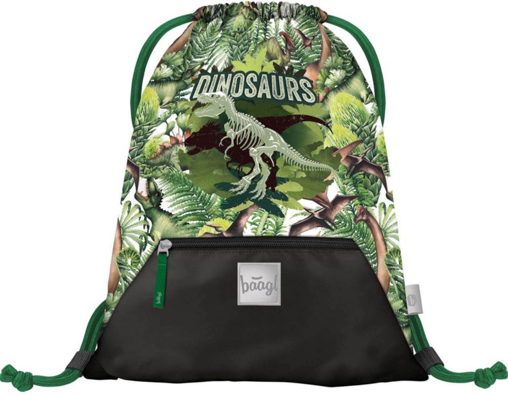 Zelený vak s vreckom Baagl Dinosaurs