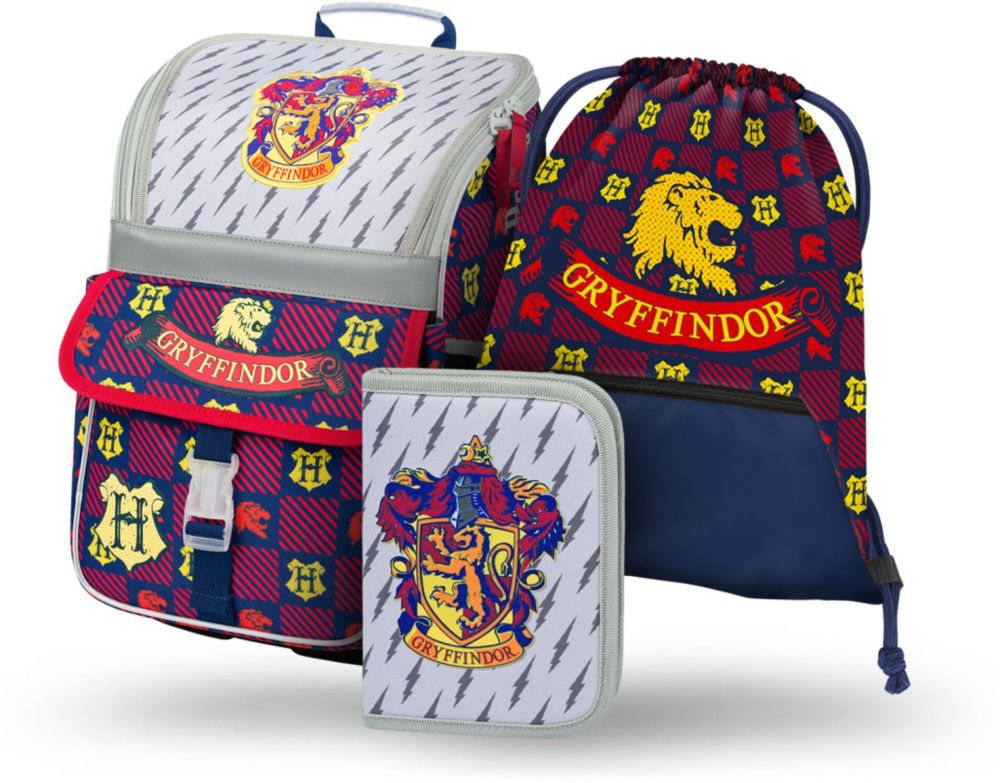 Červeno-modrý školský set - aktovka, peračník, sáčok Baagl Zippy Harry Potter Chrabromil