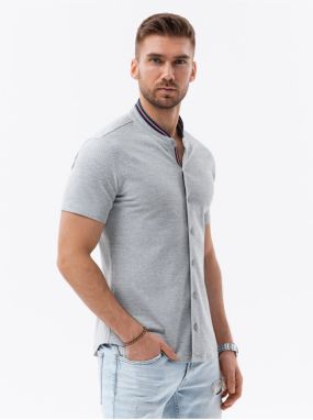 Šedá pánska úpletová košeľa s krátkym rukávom Ombre Clothing