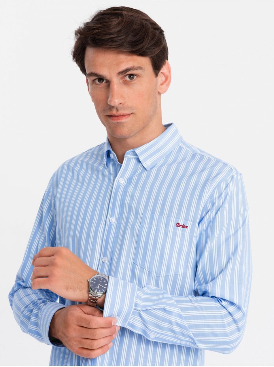 Pánska biela pruhovaná košeľa REGULAR FIT s vreckom Ombre Clothing Ombre Clothing