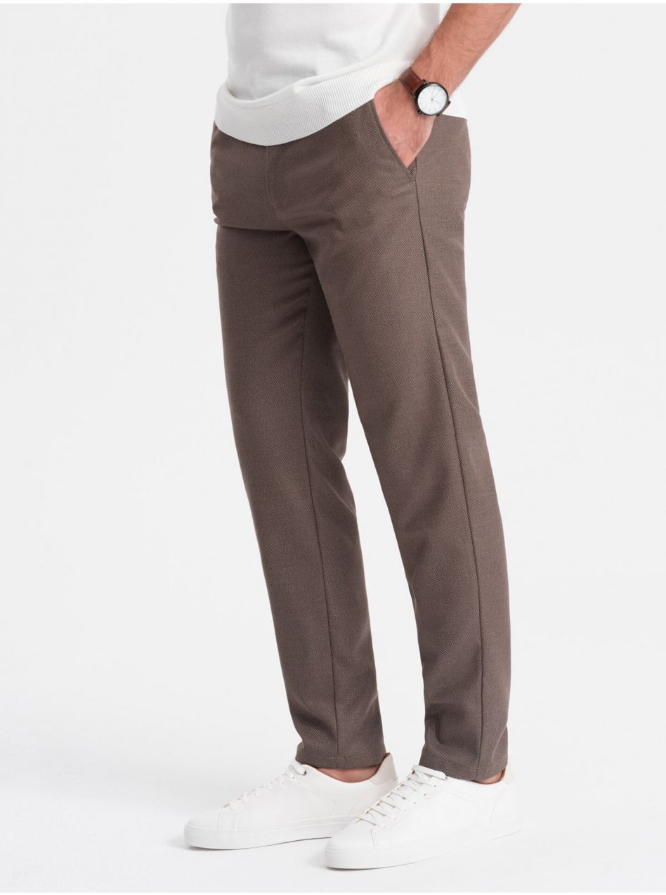 Hnedé pánske slim fit chino nohavice Ombre Clothing