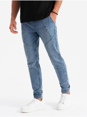 Pánske džínsové tepláky s asymetrickým prešívaním modrej Ombre Clothing