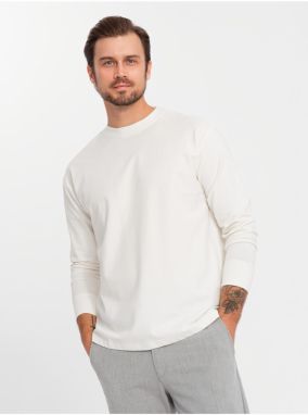 Pánske bavlnené tričko LOOSE FIT s dlhým rukávom a okrúhlym výstrihom - krémové V2 OM-LSBC-0129 Ombre Clothing