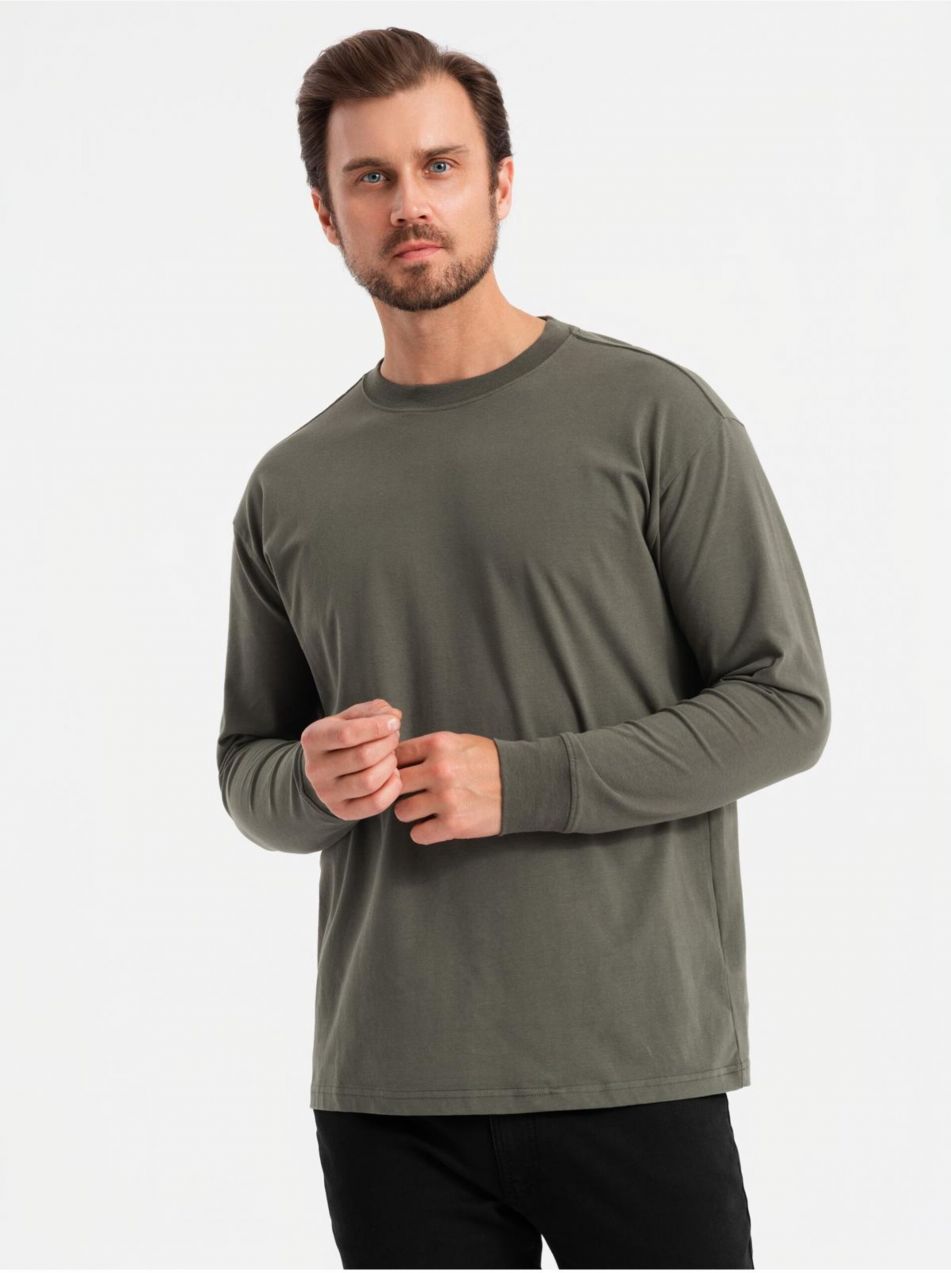 Pánske bavlnené tričko LOOSE FIT s dlhým rukávom a okrúhlym výstrihom - šedozelené V3 OM-LSBC-0129 Ombre Clothing