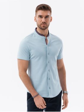 Modrá pánska pletená košeľa s krátkym rukávom Ombre Clothing