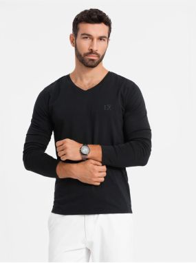 Pánske tričko s výstrihom do V SLIM FIT s elastanom a potlačou čierna Ombre Clothing