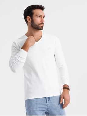 Pánske tričko SLIM FIT s dlhým rukávom do V s elastanom a potlačou biela Ombre Clothing