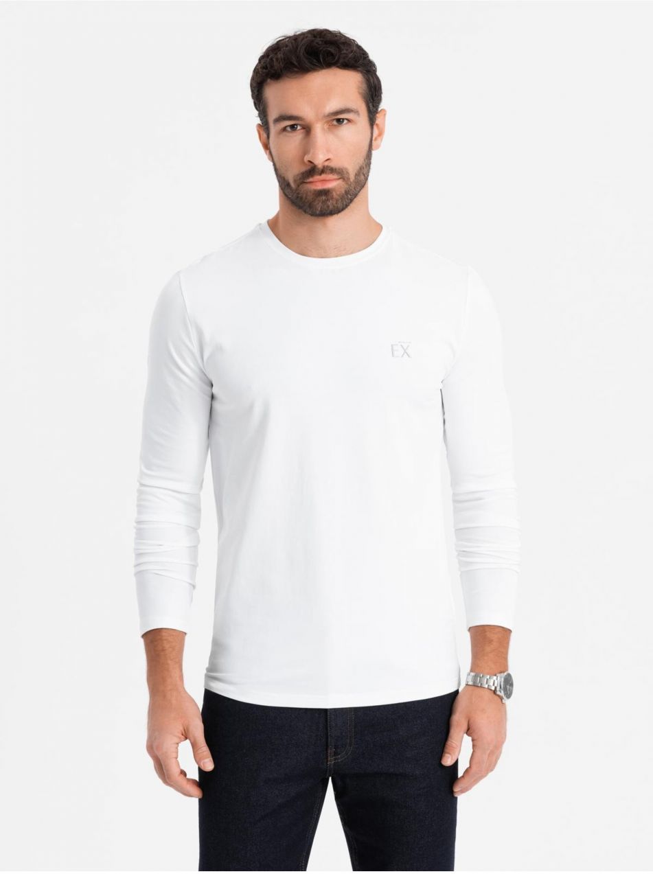 Pánske tričko SLIM FIT s dlhým rukávom, elastanom a potlačou biela Ombre Clothing