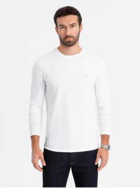 Pánske tričko SLIM FIT s dlhým rukávom, elastanom a potlačou biela Ombre Clothing