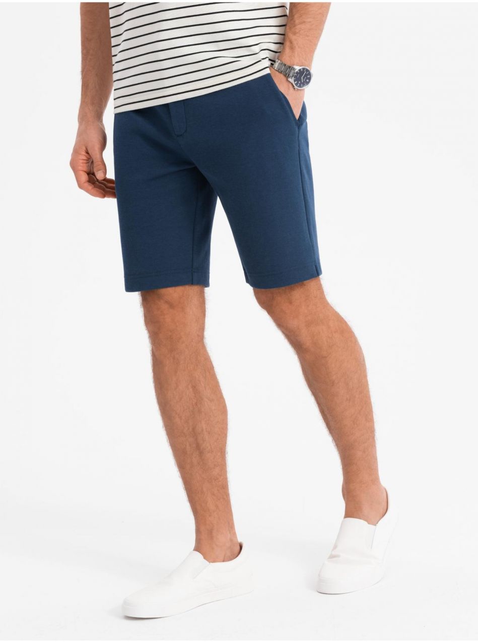 Pánske krátke šortky SLIM FIT zo štruktúrovaného melanžového úpletu modrej Ombre Clothing