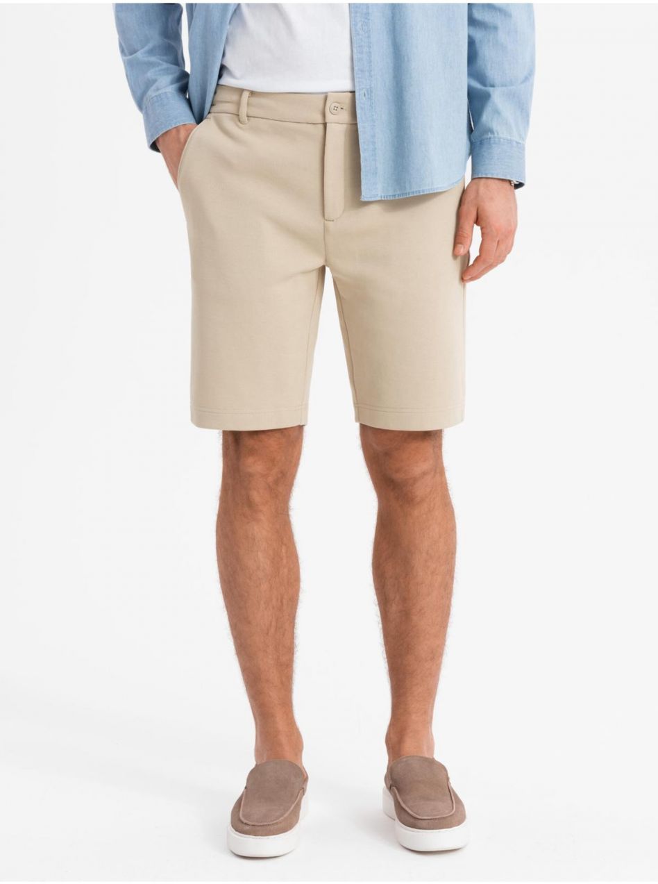 Pánske krátke šortky SLIM FIT zo štruktúrovaného melanžového úpletu béžovej Ombre Clothing