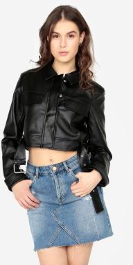 Čierna koženková krátka bunda s ozdobnými cvokmi na chrbte MISSGUIDED Barbie