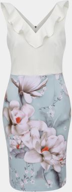 Bielo–modré kvetované puzdrové šaty s volánom Dorothy Perkins