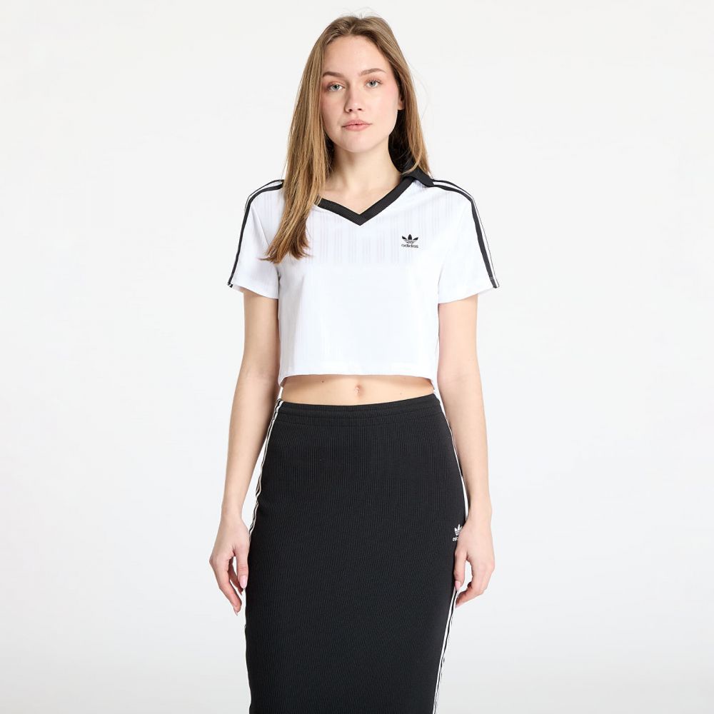 adidas Adicolor Football Jacquard V-Neck Crop Polo Shirt White L