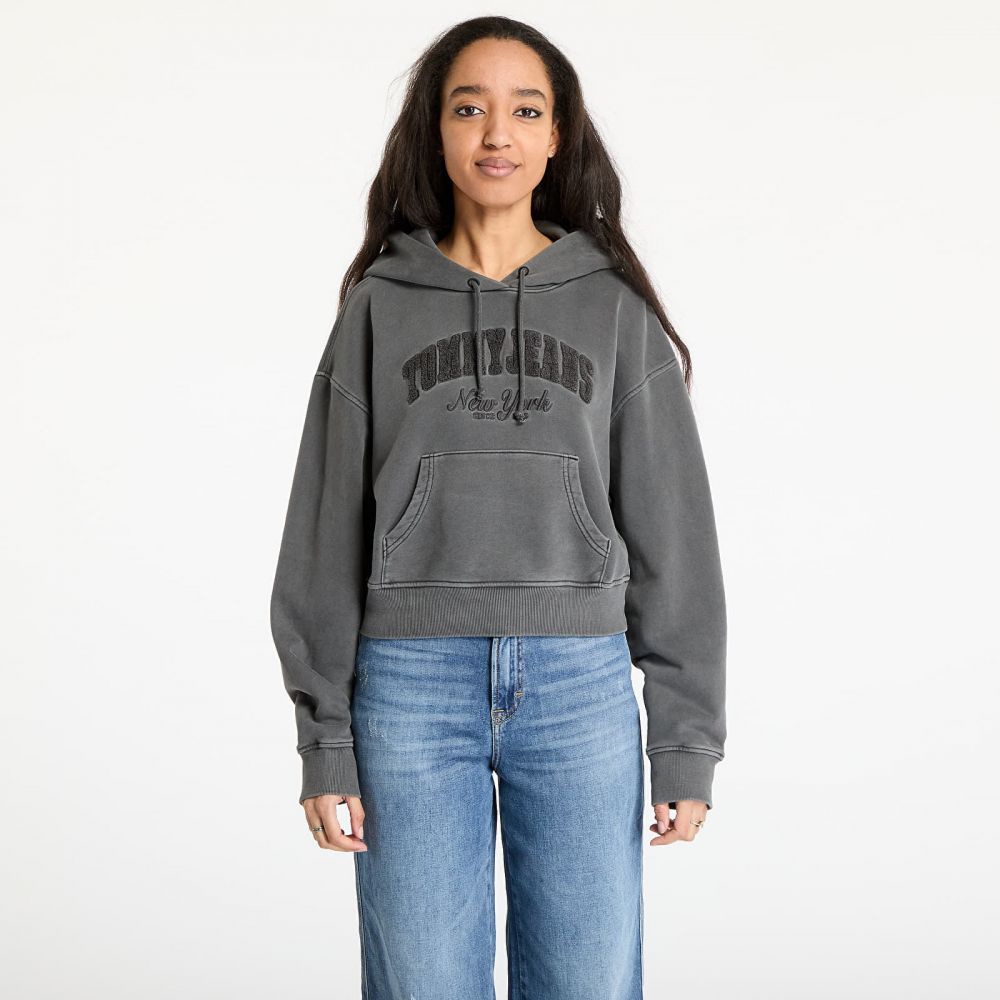 Mikina Tommy Jeans Boxy Crop Varsity Hoodie Black L
