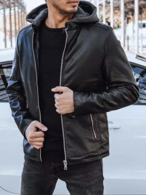 Trendy čierna koženková bunda s kapucňou