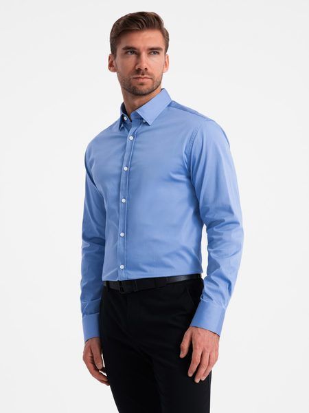 Módna modrá hladká slim-fit košeľa V2 SHCS-0176