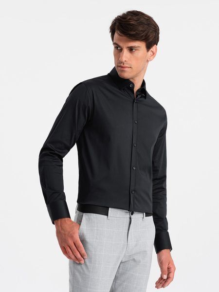 Módna čierna hladká slim-fit košeľa V4 SHCS-0176
